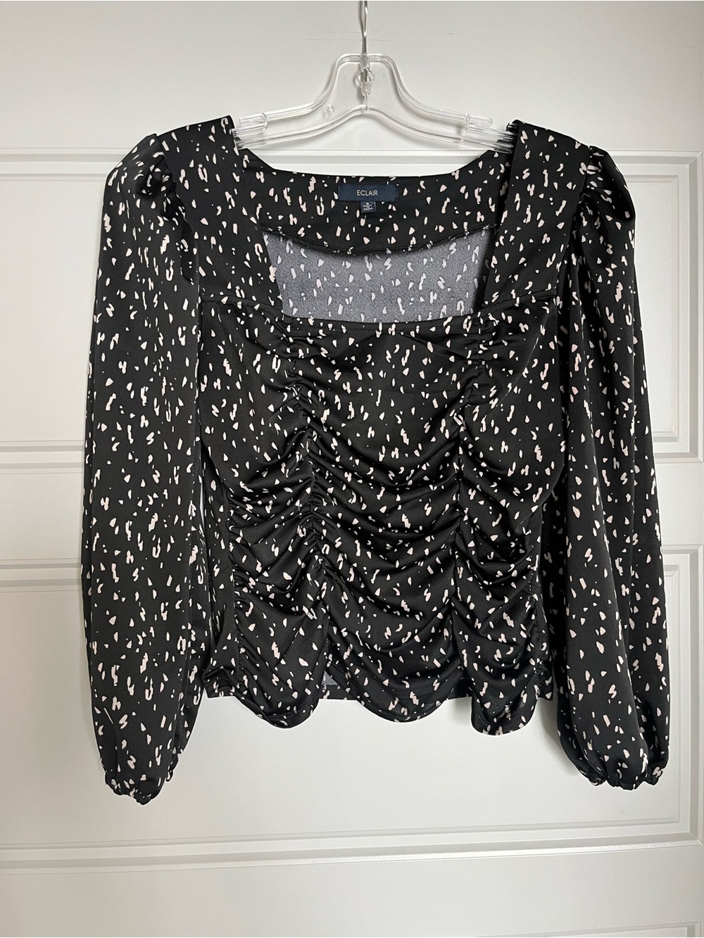 Eclair Black Abstract Print Square Neck Ruched Front Long Sleeve Blouse - Picture 3 of 5